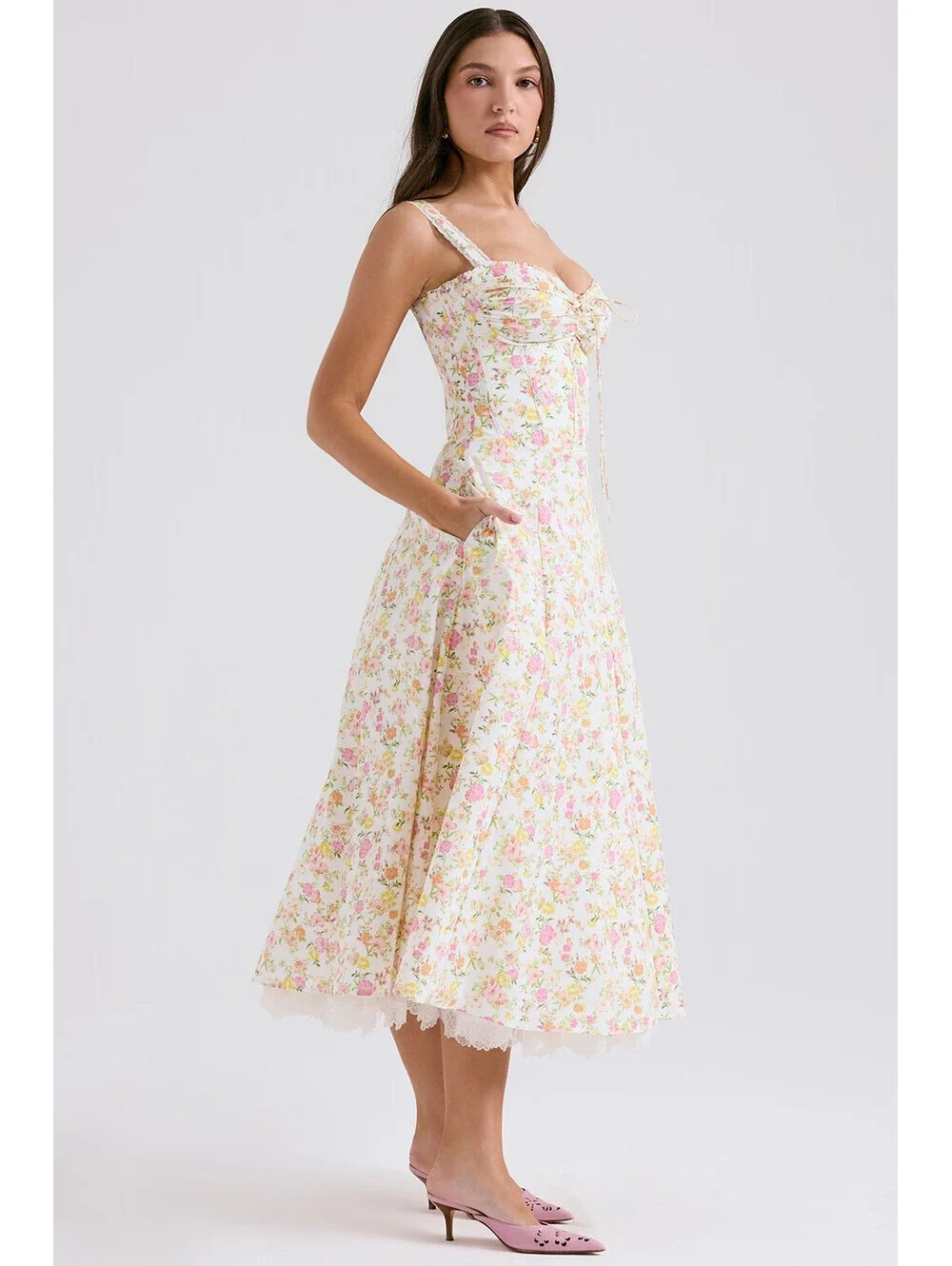 NEW, House of CB Rosalee ivory meadow print cotton bustier sundress L+ #MD2574
